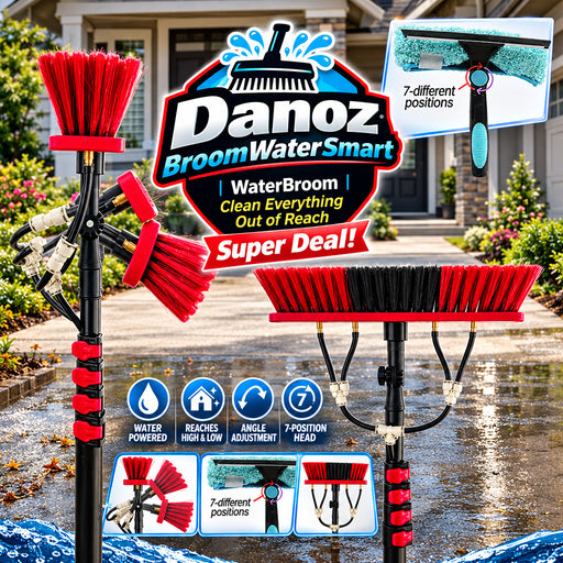 Set of Broom water cleaner, including a squeegee and brushes on a house roofs background