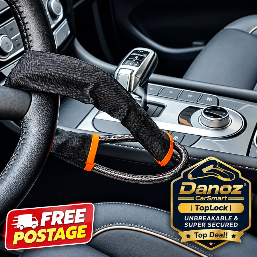 Steering wheel cover with orange accents on a car steering wheel