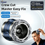 Tinsol Crew Cut Master Easy Fix cordless electric shaver shown in a promotional graphic with a man shaving his head, plus feature callouts and a close-up of the shaver.