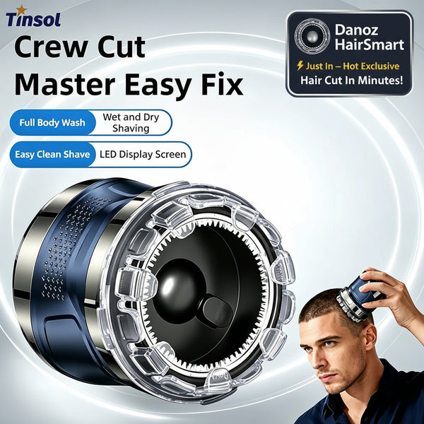 Tinsol Crew Cut Master Easy Fix cordless electric shaver shown in a promotional graphic with a man shaving his head, plus feature callouts and a close-up of the shaver.