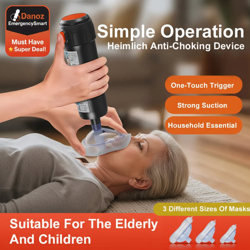 Heimlich Anti-Choking Device being used on a child with text highlighting features and suitability.