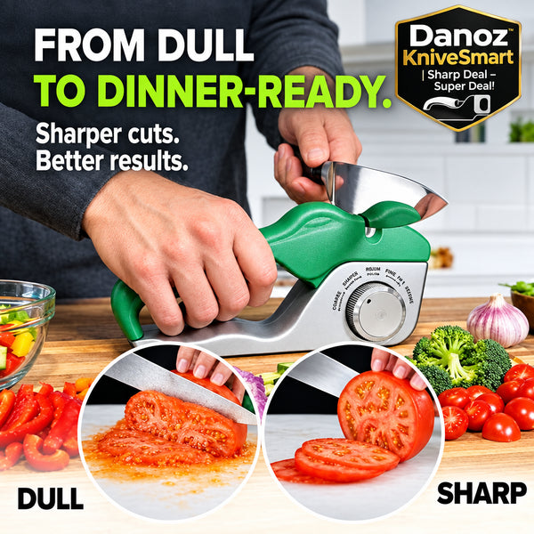 Knife sharpener being used to sharpen a knife, with before and after images of cutting vegetables.