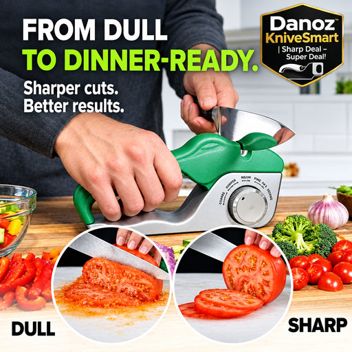 Knife sharpener being used to sharpen a knife, with before and after images of cutting vegetables.