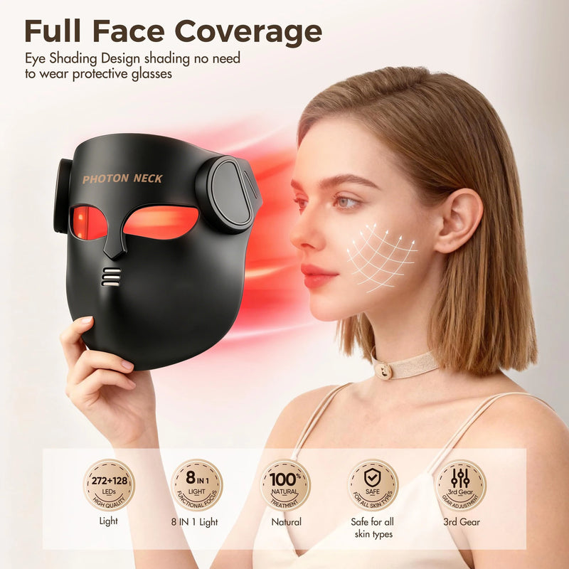 ✨ Danoz BeautySmart | LED Face & Neck Mask | 8 Light Modes | 100 LED Beads | Photon Therapy | Wireless | Anti-Wrinkle & Acne | Black & Pink
