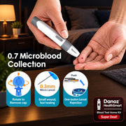 A close-up of hands holding a white and gray micro lancet device above a fingertip, with text reading '0.7 Microblood Collection' and three feature callouts below showing rotation to remove the cap, a 0.
