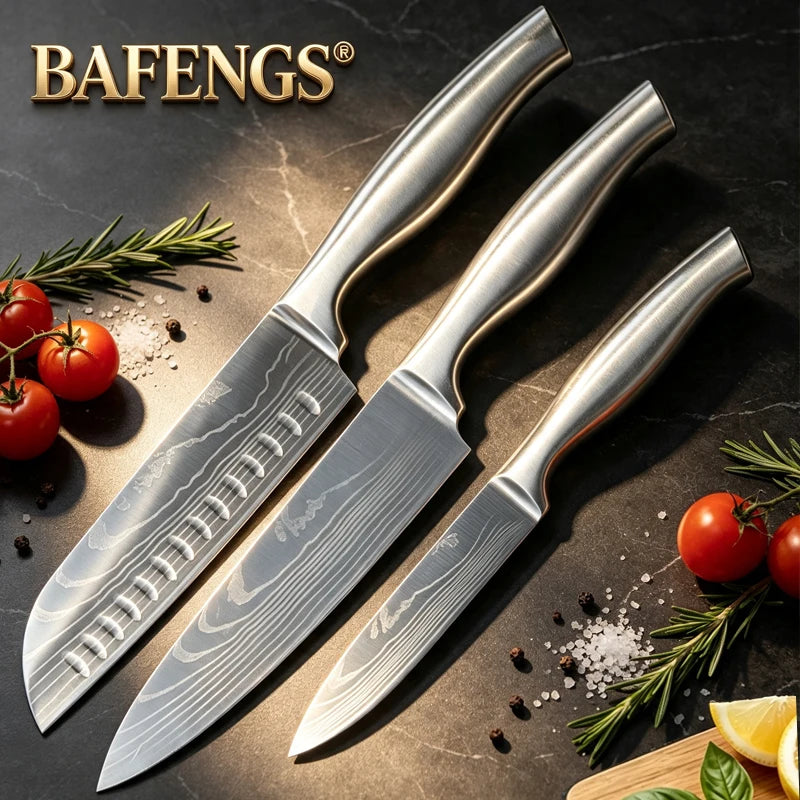 🔪 Danoz KnifeSmart | BAFENGS Professional Knife Set | Full Stainless Steel | Damascus Laser Pattern | Chef, Santoku, Bread & Utility | 2–5 Piece Options | Free Postage!