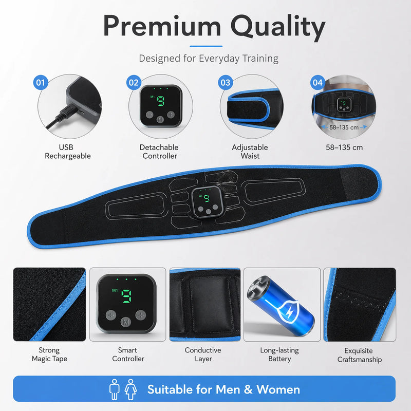 💪 Danoz AbSmart | EMS Core Trainer Belt | No Gel Required | 6 Modes | 9 Intensity Levels | USB Rechargeable | Fits 58–135cm | Home Fitness & Recovery | Blue
