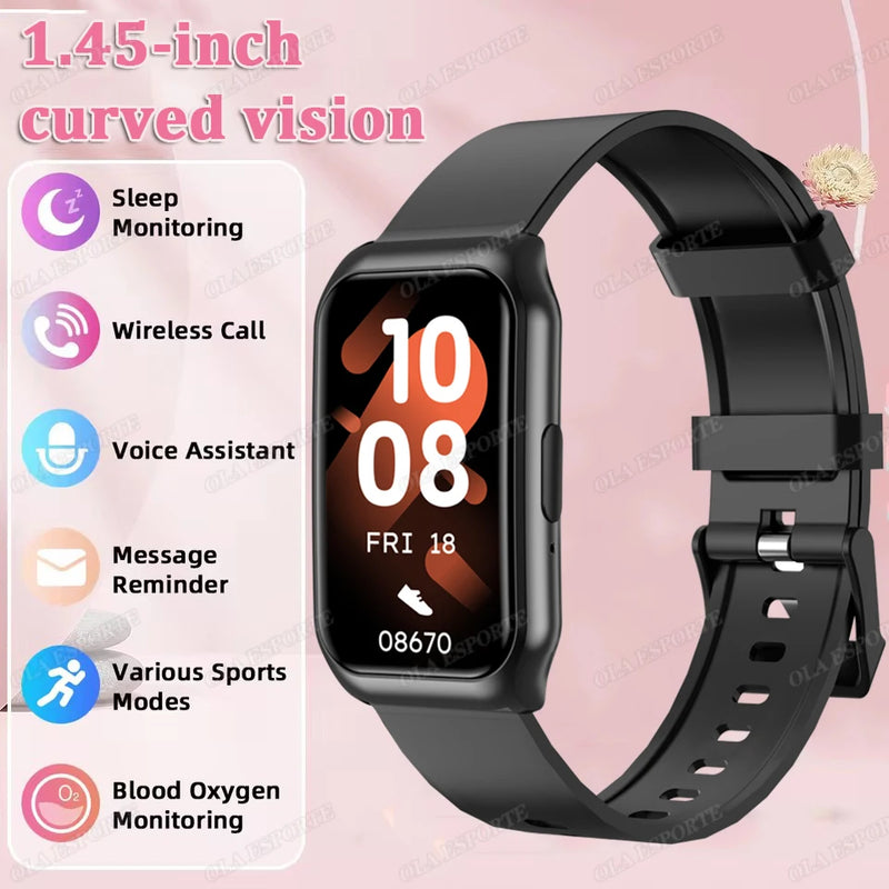 Black smartwatch with features listed on a pink background