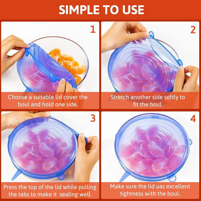 🍱 Danoz KitchenSmart | 6-Piece Food Grade Silicone Stretch Lids | Airtight Reusable Food Covers | Universal Fit | Fridge, Freezer & Microwave Safe | Eco-Friendly | Buy 1 Get 1 More! ✨👌