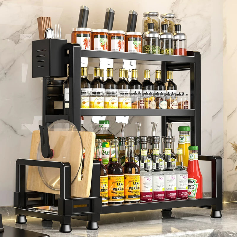 Danoz StoreSmart - 2-3 Tier Adjustable Metal Spice Rack Storage Box, Freestanding Multifunctional Kitchen Storage Rack, with Spice Protection and Fixing Device, Kitchen Organizer and Storage, Sturdy Rack/Hook Structure, Knife