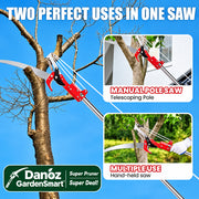Tree pruner with telescoping pole and hand-held saw, used for trimming branches against a blue sky.