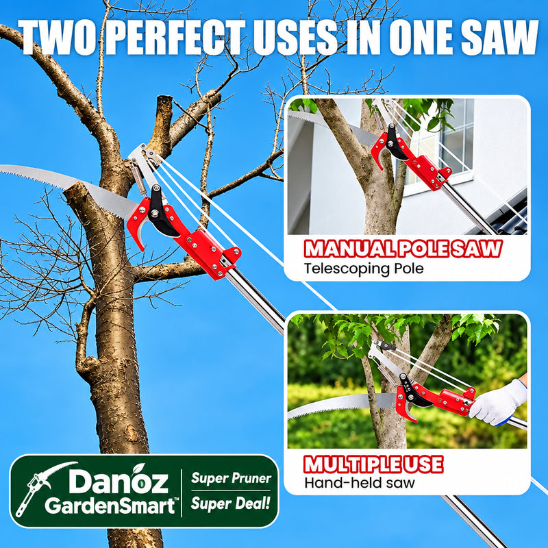 Tree pruner with telescoping pole and hand-held saw, used for trimming branches against a blue sky.