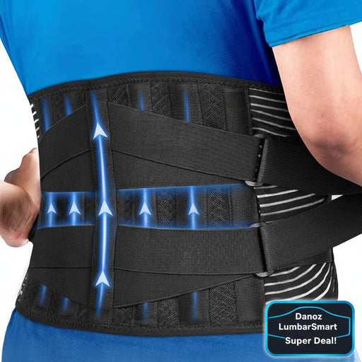 Black back brace with blue accents worn by a person in a blue shirt.