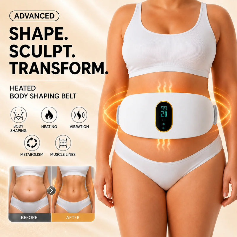 A woman wearing a white heated body shaping belt with a digital display showing 65 degrees, set against a warm beige background with promotional text and icons for body shaping, heating, vibration, metabolism, and muscle lines.