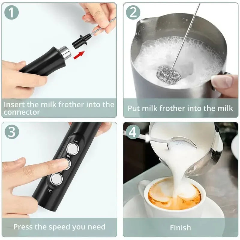 Danoz Kitchen - Wireless Rechargeable Electric Milk Frother - 3 Speeds, Handheld Foam Maker for Latte, Cappuccino, Hot Chocolate - USB Rechargeable