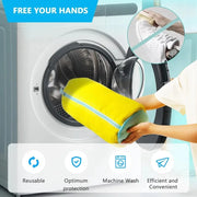 Person using a yellow cleaning brush inside a washing machine with text 'Free Your Hands' and icons indicating features.