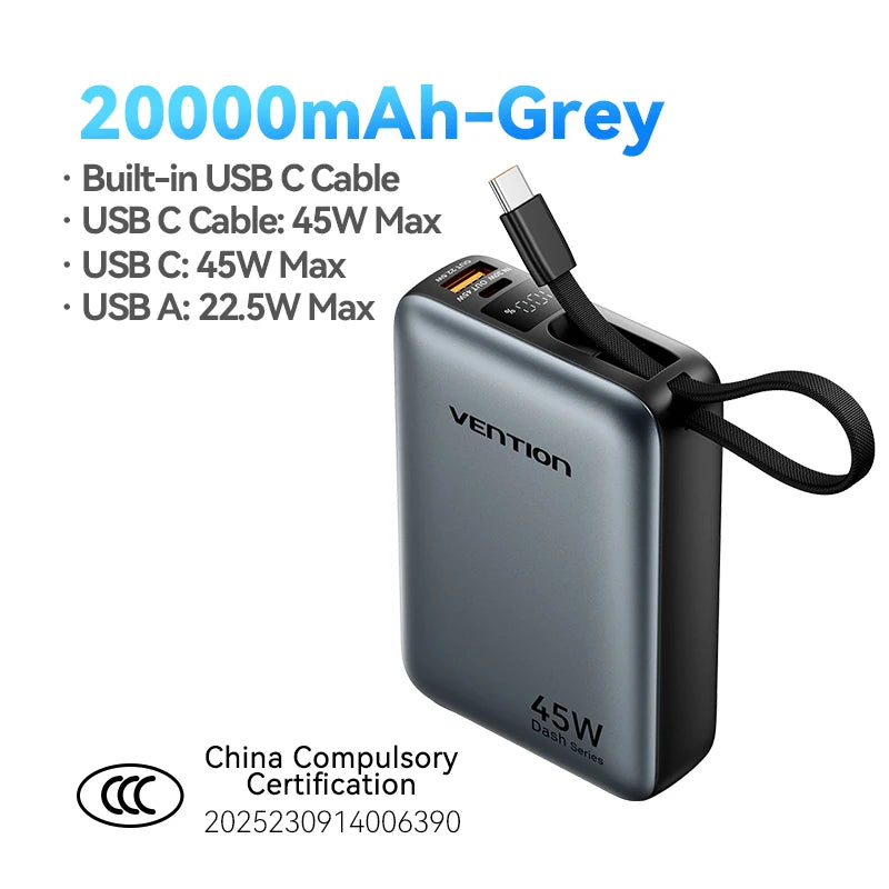 ⚡ Danoz PowerSmart | Vention 45W Power Bank | 20000mAh | Built-in USB-C Cable & Lanyard | 3-Port | 3C/CE/FCC/RoHS | iPhone & Samsung | Gray & Beige