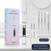 Dental cleaning device with packaging and additional tools on a white background