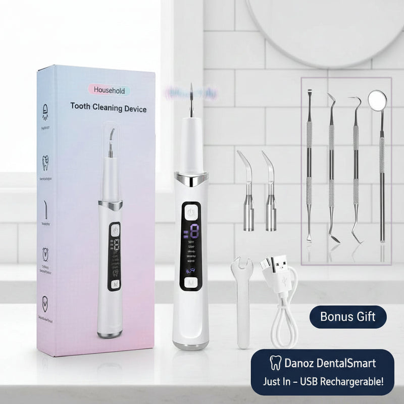 Dental cleaning device with packaging and additional tools on a white background
