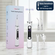 White tooth cleaning device with digital display and accessories on a white background