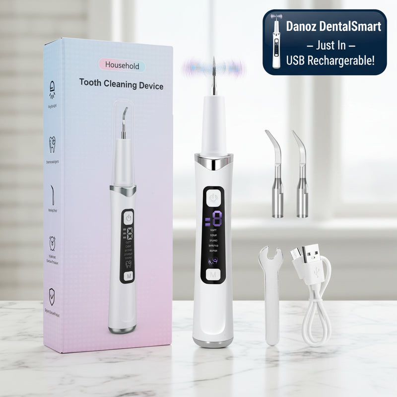White tooth cleaning device with digital display and accessories on a white background