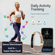 Woman running with fitness tracker and smartphone app on a road, highlighting daily activity tracking features.