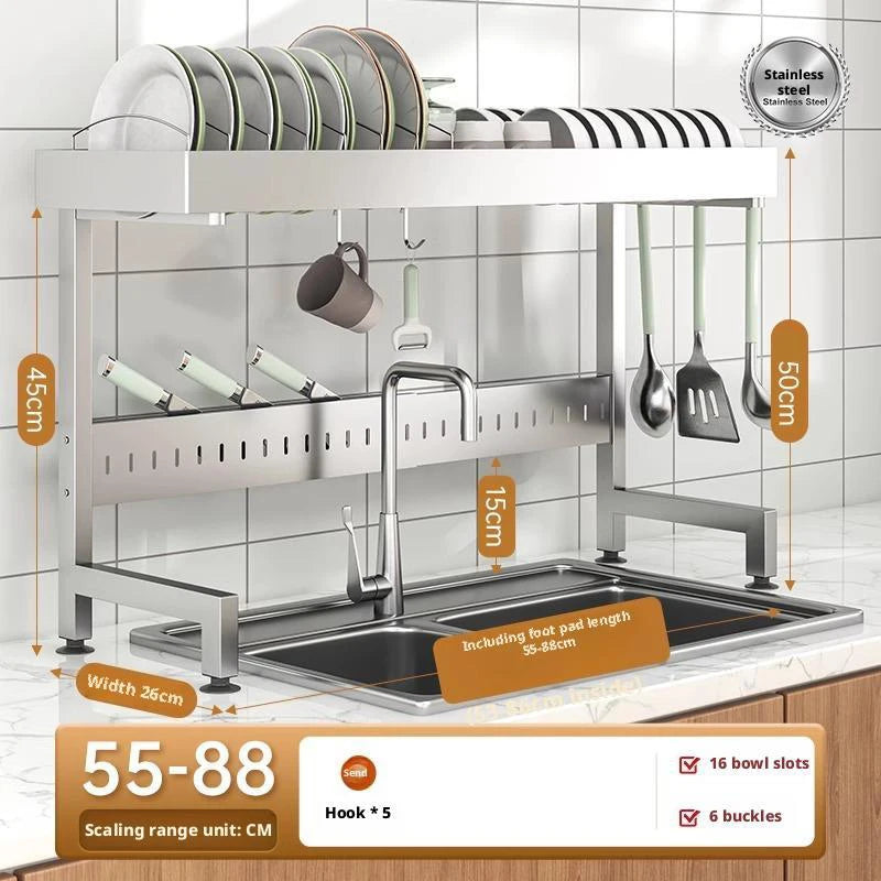 Danoz Kitchen - Adjustable Sink Drying Rack Over The Sink Dish Drying Holder Stainless Steel Kitchen Storage Dish Drainer Auto Drainage Hanger