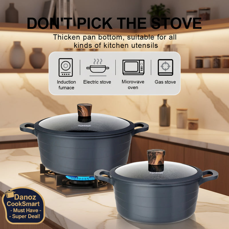 Two black cookware pots with lids on a stove, with text about compatibility with various cooktops.