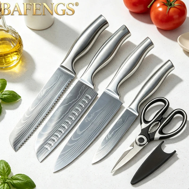 🔪 Danoz KnifeSmart | BAFENGS Professional Knife Set | Full Stainless Steel | Damascus Laser Pattern | Chef, Santoku, Bread & Utility | 2–5 Piece Options | Free Postage!