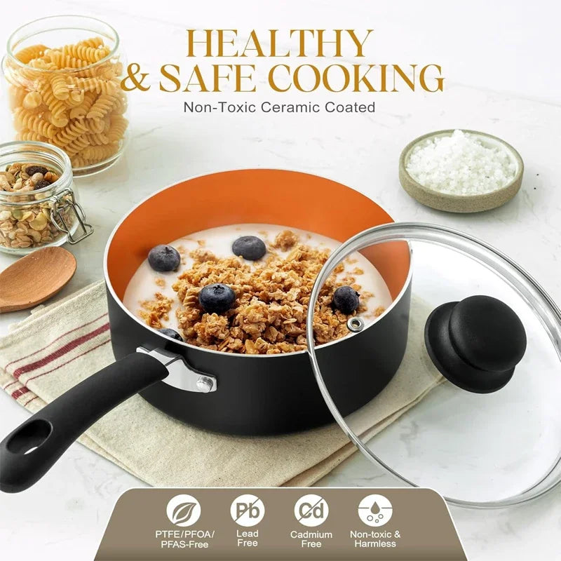 Danoz CookSmart CopperChef MICHELANGELO Ceramic Saucepan Set 3Pcs 1.5QT/2QT/3QT Nonstick Sauce Pans with Lids Multipurpose Pots!
