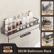Gray bathroom rack with toiletries, showing its dimensions and features.
