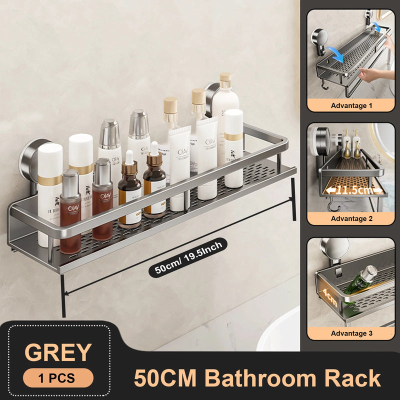 Gray bathroom rack with toiletries, showing its dimensions and features.