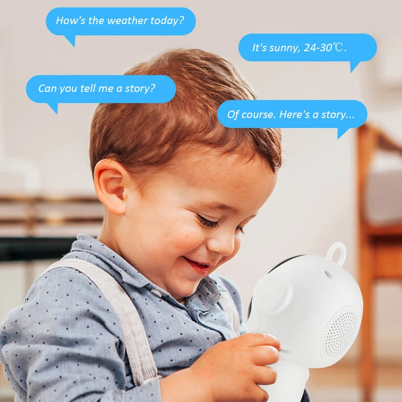 Child holding a white device with text bubbles indicating a conversation about weather and a story.