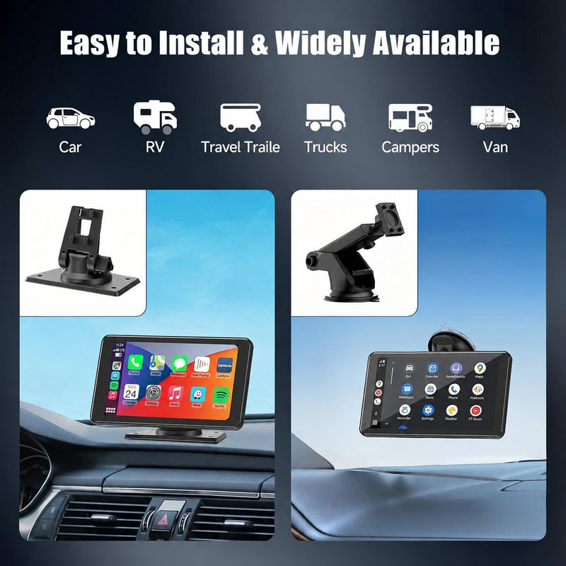 Car dashboard with tablet mount and display, featuring various vehicle types.