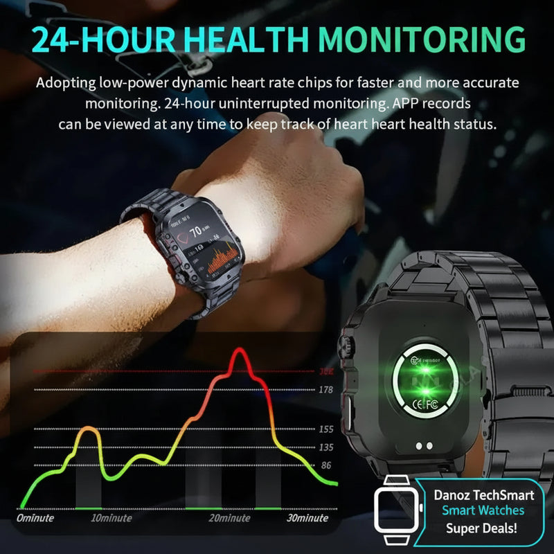 Smartwatch with health monitoring features displayed on a screen, showing heart rate data.