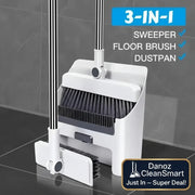 3-in-1 sweeper, floor brush, and dustpan set on a tiled floor with a gray wall background.