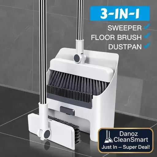 3-in-1 sweeper, floor brush, and dustpan set on a tiled floor with a gray wall background.