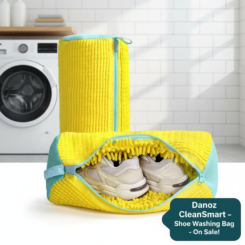 Yellow shoe bag with a white dryer in the background