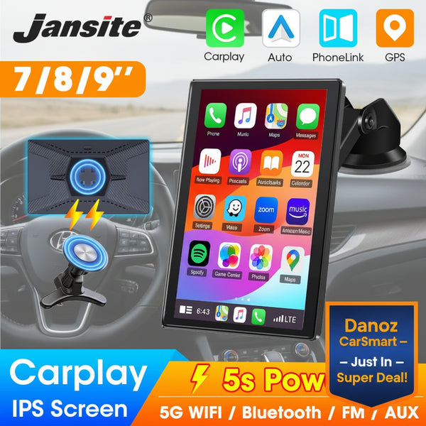 Car multimedia screen with Jansite branding and various connectivity features on a white background.