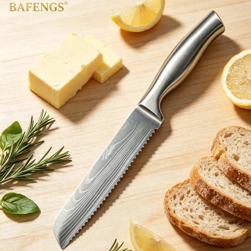 🔪 Danoz KnifeSmart | BAFENGS Professional Knife Set | Full Stainless Steel | Damascus Laser Pattern | Chef, Santoku, Bread & Utility | 2–5 Piece Options | Free Postage!