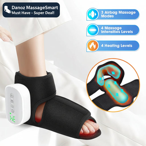 Black foot massager with airbag massage modes on a white background