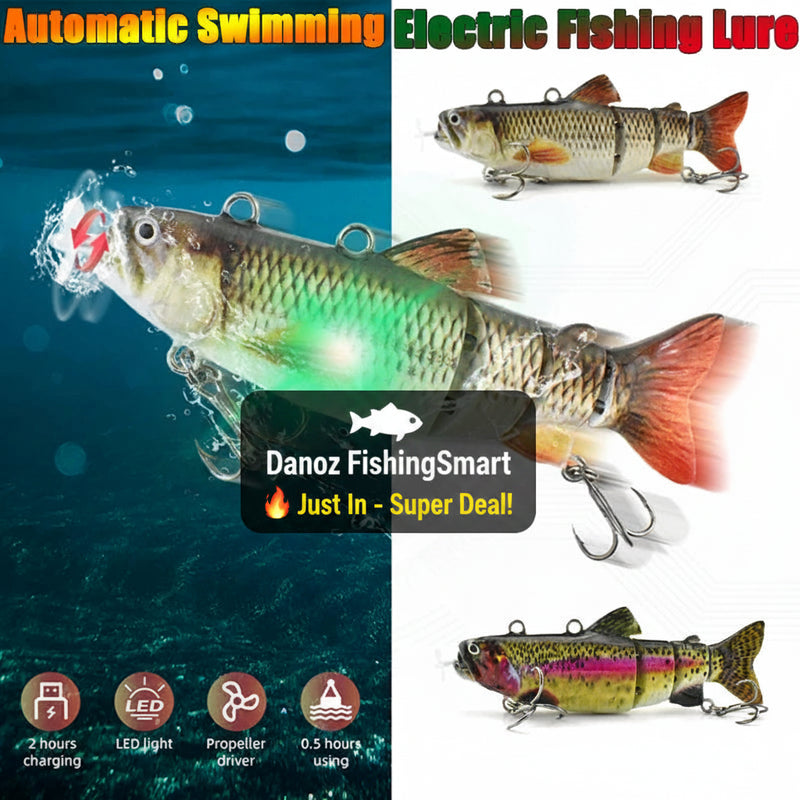 Electric fishing lure with LED light, propeller drive, and 2-hour charging feature on a split background.