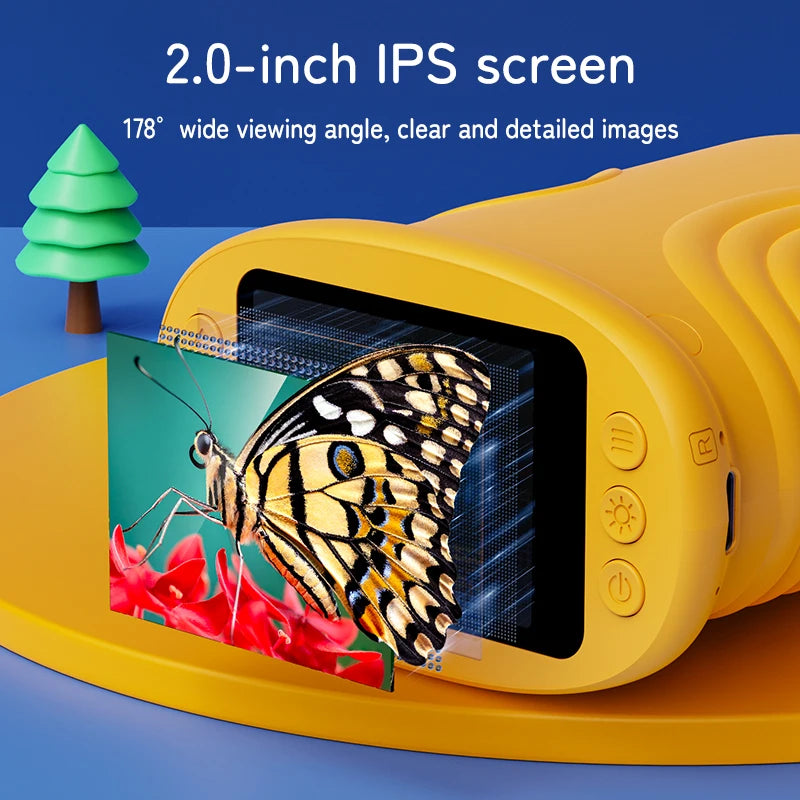 Yellow handheld device with a 2.0-inch IPS screen displaying a butterfly on a blue background