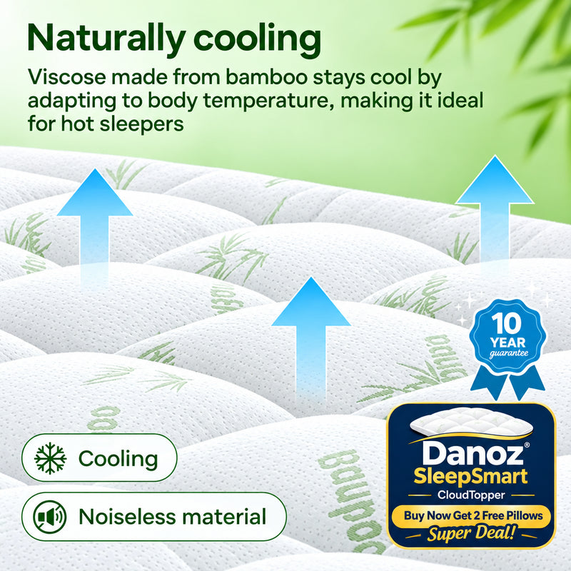 Promotional graphic for a cooling pillow, showing a close-up of white quilted bamboo-viscose fabric with blue arrows indicating airflow and cooling. Text at the top reads 'Naturally cooling' and describes the breathable, temperature-adapting material.