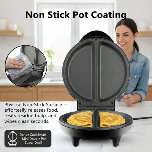 Black non-stick pot with text highlighting its anti-sticking properties on a white background.