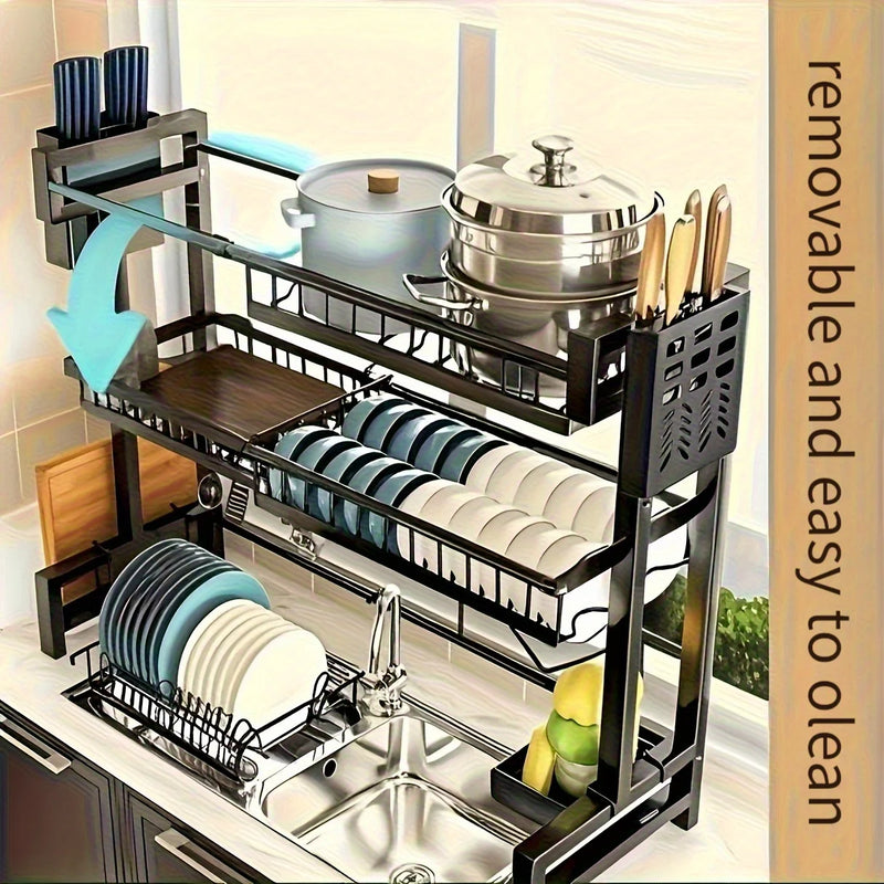 Danoz KitchenSorted - Adjustable black metal kitchen or laundry, rack for over the sink - 1 or2-layer expandable dishwasher rack with cutlery rack. Free Postage