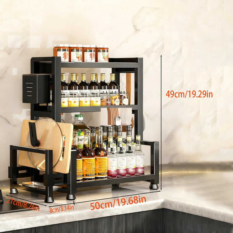 Danoz StoreSmart - 2-3 Tier Adjustable Metal Spice Rack Storage Box, Freestanding Multifunctional Kitchen Storage Rack, with Spice Protection and Fixing Device, Kitchen Organizer and Storage, Sturdy Rack/Hook Structure, Knife