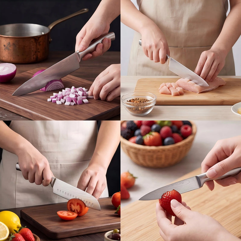 🔪 Danoz KnifeSmart | BAFENGS Professional Knife Set | Full Stainless Steel | Damascus Laser Pattern | Chef, Santoku, Bread & Utility | 2–5 Piece Options | Free Postage!