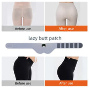 A before-and-after comparison collage showing a waist-trimming belt labeled 'lazy butt patch' on a model's lower torso. The top row shows light beige shapewear under the labels 'Before use' and 'After use,' while the bottom row shows black leggings under the same labels.