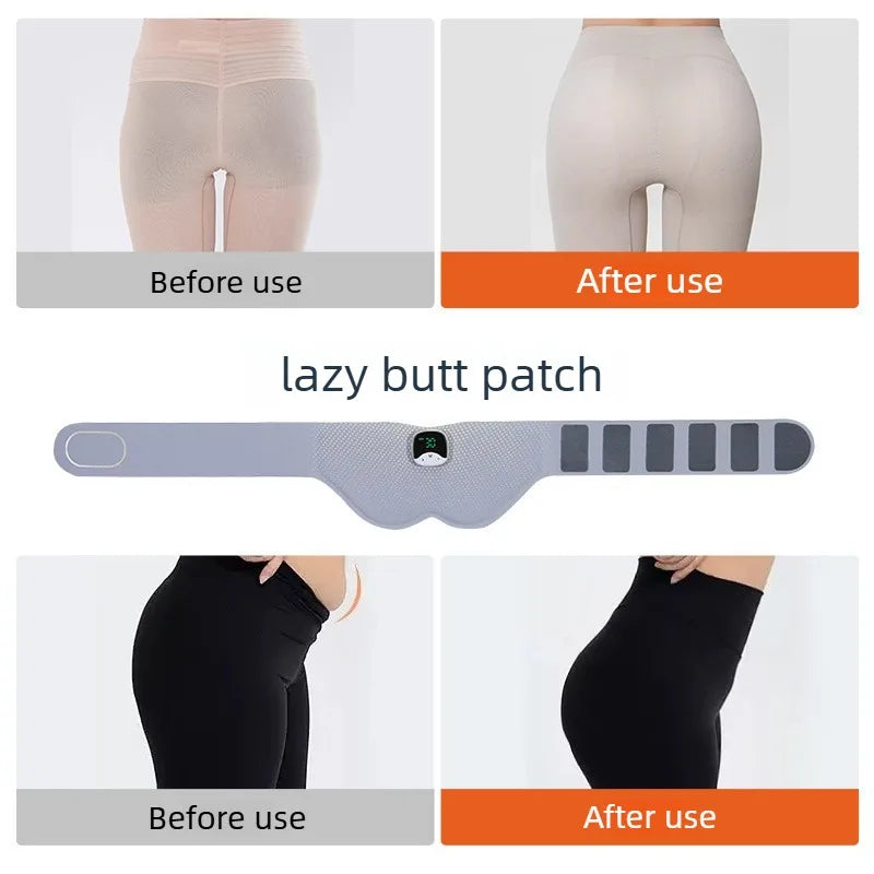 A before-and-after comparison collage showing a waist-trimming belt labeled 'lazy butt patch' on a model's lower torso. The top row shows light beige shapewear under the labels 'Before use' and 'After use,' while the bottom row shows black leggings under the same labels.